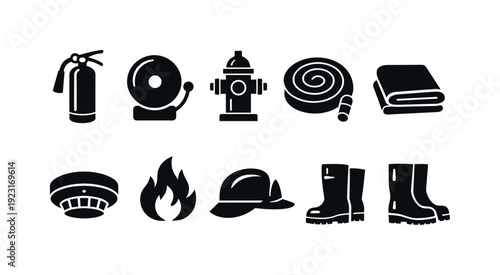 Fire safety solid icon set. Emergency equipment and tools icons collection