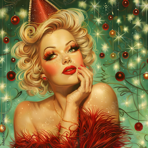 Vintage Christmas Glamour Portrait with Festive Lights