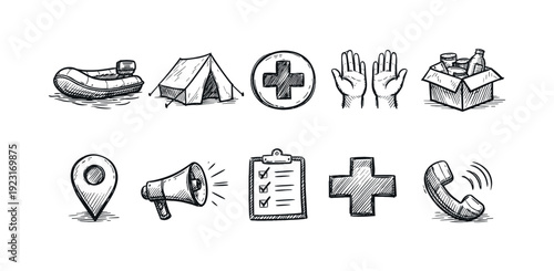 Camping, emergency outline icon set. Outdoor, survival, first aid linear collection