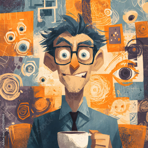 Whimsical Portrait of Eccentric Man with Coffee Illustration