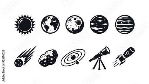 Astronomy, space silhouette icon set. Planets, telescope, rocket silhouettes collection