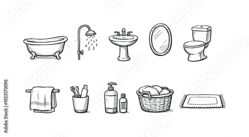 Bathroom essentials outline icon set. Toiletries, hygiene items linear collection