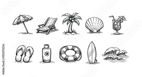 Travel and vacation flat icon set. Beach, adventure, holiday icons flat collection.