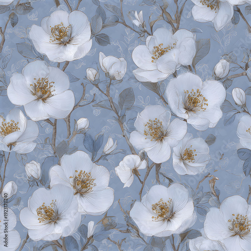 Soft Blue Floral Seamless Tile Pattern with White Blossoms