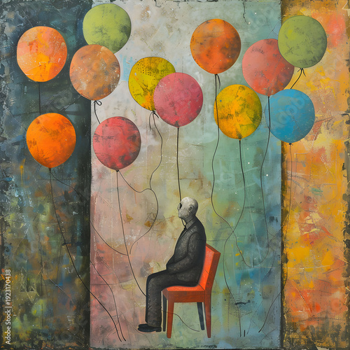 Surreal Man Sitting with Colorful Balloons Abstract Painting