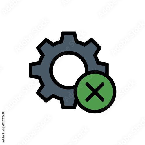 A vector graphic illustration of a gear with a cancel symbol