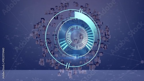 Portraits in network ring, HUD sweeping arc, highlighting candidates for recruitment in tech UI