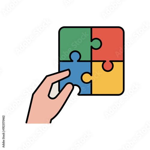 A hand placing a puzzle piece into a colorful jigsaw puzzle with a white background