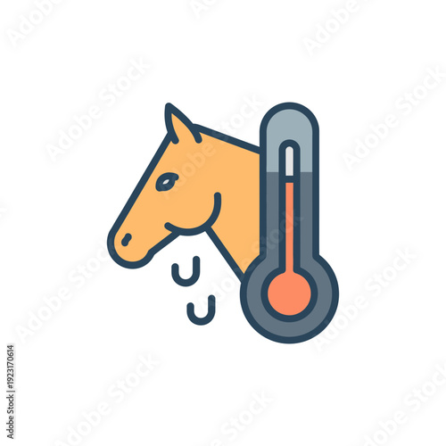 A vector graphic illustration of a horse's head with a thermometer showing it is overheated.