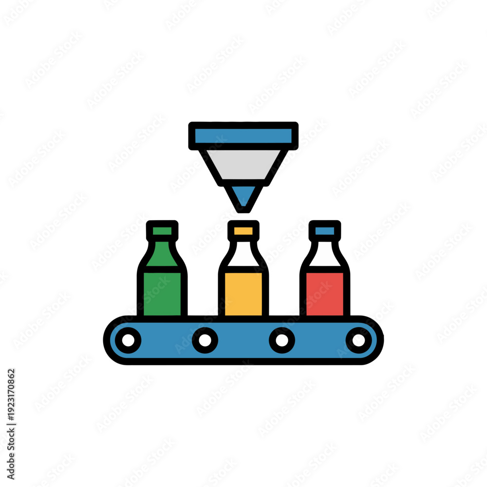 Fototapeta premium A colorful vector illustration of a production line with bottles being filled on a conveyor belt