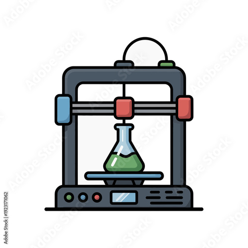 A colorful vector illustration of a 3D printer creating a green liquid in a beaker