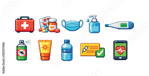 Healthcare and safety pixel icon set. Medical, hygiene pixel art icons collection