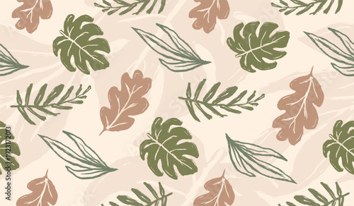 Tropical Leaves background. Boho Monstera leaves seamless pattern. Abstract hand drawn leaves pattern. Freehand botanical vintage pattern. Scribble nature naive design.