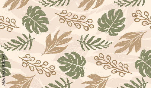 Tropical Leaves background. Boho Monstera leaves seamless pattern. Abstract hand drawn leaves pattern. Freehand botanical vintage pattern. Scribble nature naive design.