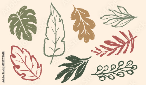 Tropical Leaves background. Boho Monstera leaves illustration set. Abstract hand drawn leaves vector elements. Freehand botanical vintage drawing. Scribble nature naive design.