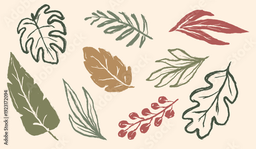 Tropical Leaves background. Boho Monstera leaves illustration set. Abstract hand drawn leaves vector elements. Freehand botanical vintage drawing. Scribble nature naive design.