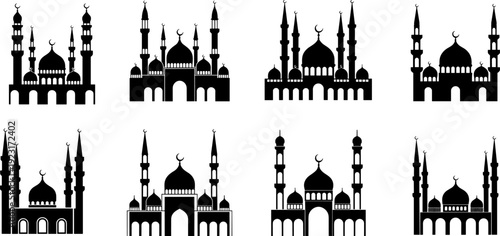 Collection of Islamic mosque silhouettes with domes and minarets featuring crescent symbols, traditional Arabic architecture icons, black vector illustration set isolated design