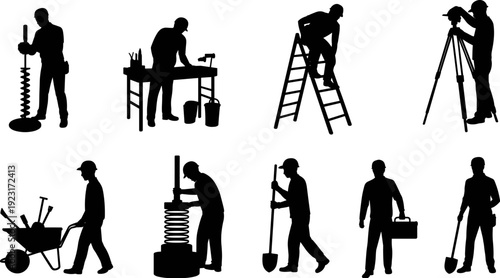 Construction and maintenance worker silhouettes set featuring builder with tools, ladder, wheelbarrow, shovel and tripod equipment, black vector illustration isolated on light background