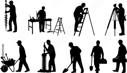 Construction and engineering worker silhouettes collection featuring builder with drill, ladder, tripod survey equipment, wheelbarrow and shovel, black vector illustration isolated on light background