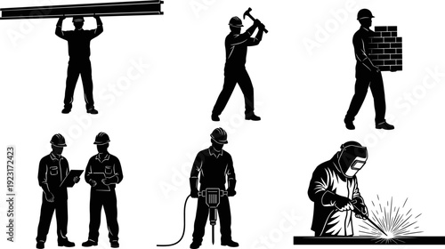 Construction worker silhouette set carrying beams, bricks and using tools isolated black vector illustration for building, engineering and industrial labor concept