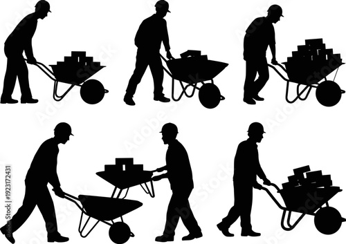 Construction worker pushing wheelbarrow with bricks silhouette collection, manual labor and masonry building concept, black vector illustration isolated on light background