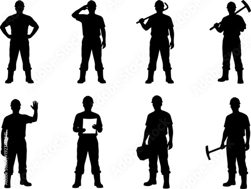Construction worker silhouettes set isolated on white background, industrial laborer icons with tools, engineer and builder poses for safety, industry and workforce concept