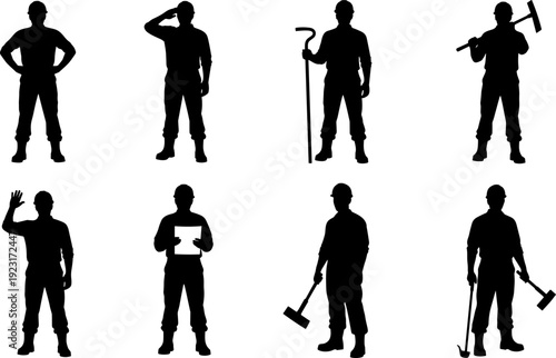 Construction worker silhouette set with builder holding tools, hammer and crowbar isolated black vector illustration for industry and maintenance profession design