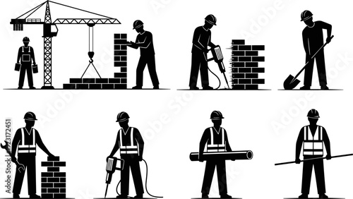 Construction worker silhouettes with crane, bricklaying, jackhammer drilling and masonry tools isolated black vector illustration for building industry, engineering and labor workforce concept