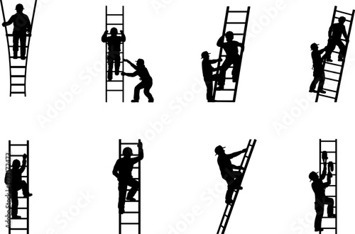Construction workers climbing ladders silhouette collection featuring industrial maintenance technician, safety harness teamwork, black vector illustration isolated on light background