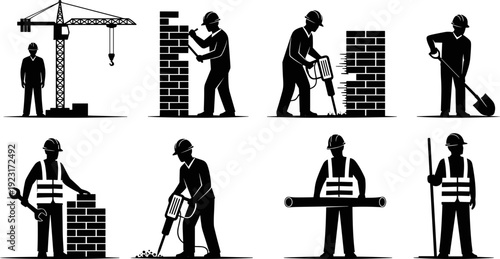 Construction workers silhouette set with crane, bricklaying, drilling, digging, material handling, industrial building labor safety concept isolated on white background black vector illustration