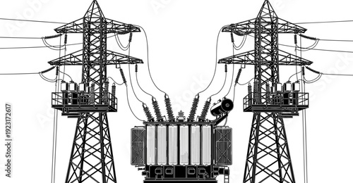 High voltage power substation with transmission towers and transformer equipment, detailed electrical grid infrastructure vector illustration isolated on white background