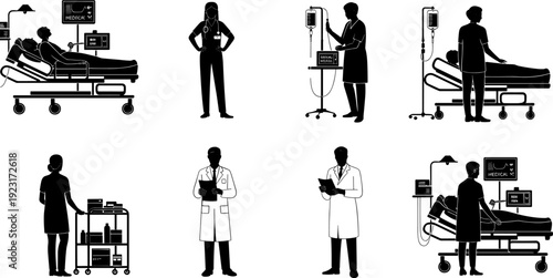 Hospital medical staff and patient care silhouettes featuring doctors, nurses, IV therapy, monitoring equipment and hospital bed scene isolated vector illustration set