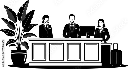 Hotel reception desk staff with computer and luggage isolated black vector illustration for hospitality, customer service and front office business concept