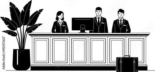 Hotel reception desk staff silhouettes with front office team and luggage isolated black vector illustration for hospitality and customer service design