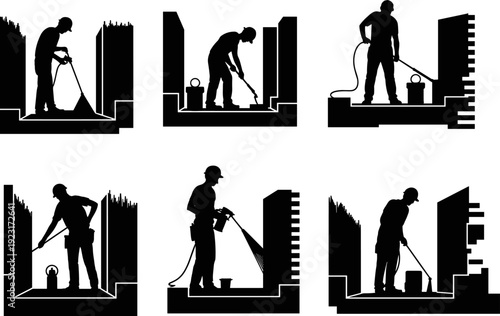 Industrial worker using spray gun silhouette set featuring waterproofing and surface coating application, black vector illustration isolated on light background