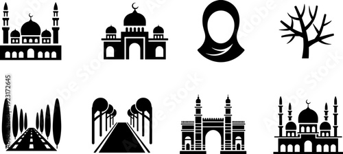 Islamic architecture and cultural symbols icon set, mosque silhouette, hijab woman, crescent dome, city landmark and road trees vector illustration collection