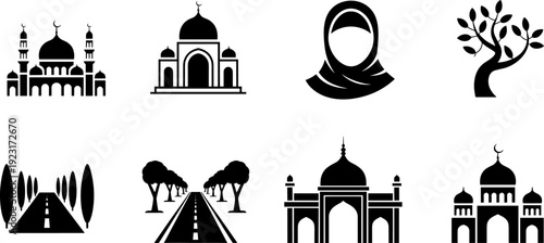 Islamic culture and architecture icon set featuring mosque silhouettes, Taj Mahal style monument, hijab woman, crescent domes, and tree lined road vector illustration