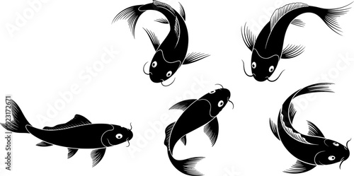 Koi fish silhouette set featuring ornamental carp in dynamic swimming poses, black vector illustration isolated on light background for aquatic design