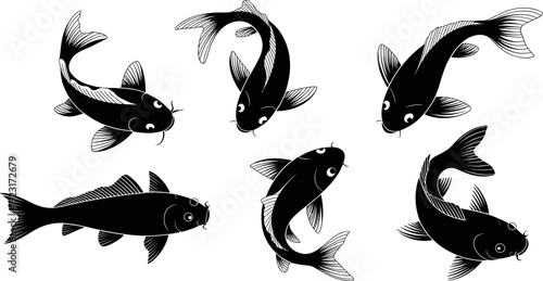 Koi fish silhouette collection featuring ornamental carp in different poses, black vector illustration isolated on light background for aquatic design