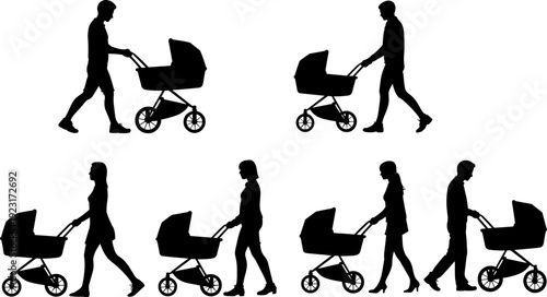 Mother and father pushing baby stroller silhouettes collection, modern parenting and family lifestyle concept, black vector illustration isolated on light background