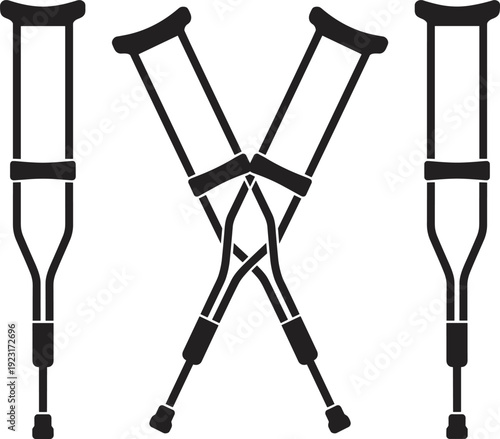 Medical crutches silhouette set featuring crossed and standing underarm walking aids, black vector illustration isolated on light background for healthcare design