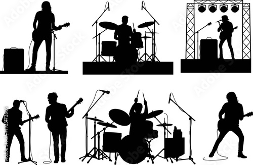 Rock band musician silhouettes set featuring guitarist, bassist and drummer performing live concert, black vector illustration isolated on light background
