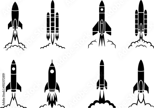 Rocket launch and space shuttle silhouette icon collection featuring spacecraft liftoff with smoke clouds, black vector space exploration symbols isolated on light background