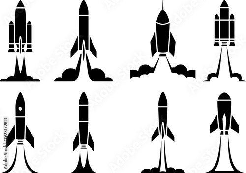 Rocket launch silhouette icon set featuring space shuttle takeoff, spacecraft liftoff, missile startup, black vector illustration isolated on light background