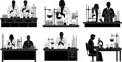 Scientist silhouettes working in laboratory with chemistry glassware and microscope, medical research team conducting experiments, 