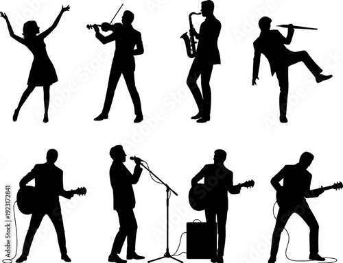 Silhouette collection of musicians performing live on stage, band members playing guitar, violin, saxophone and singing, isolated black figures on white background