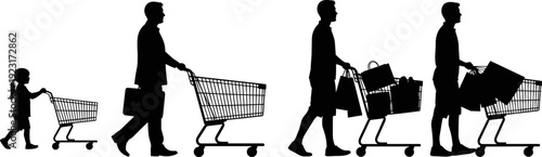 Silhouette evolution of consumer shopping behavior from child to adult pushing cart, retail lifestyle concept isolated on white background illustration