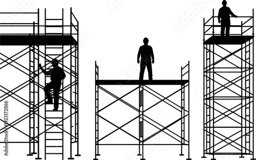 Silhouette construction workers on scaffolding platforms at height, industrial safety concept, maintenance and building work site illustration isolated on white background