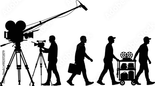 Silhouette film crew with vintage cinema camera, boom microphone operator and media production team equipment isolated vector illustration for movie and television industry