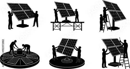Solar panel installation team silhouettes mounting photovoltaic modules isolated black vector illustration for renewable energy, green power and sustainable technology concept